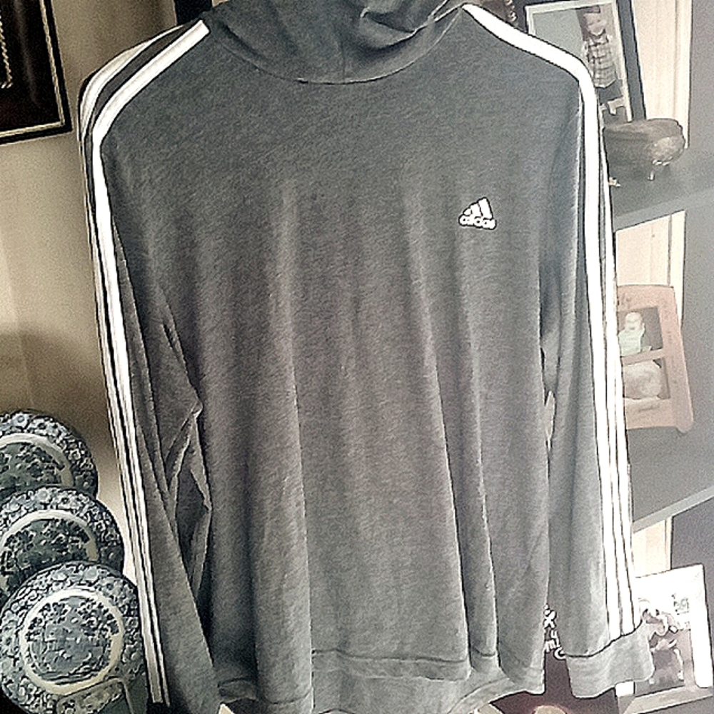 Adidas Gray Stripped Hooded Long Sleeve Tee